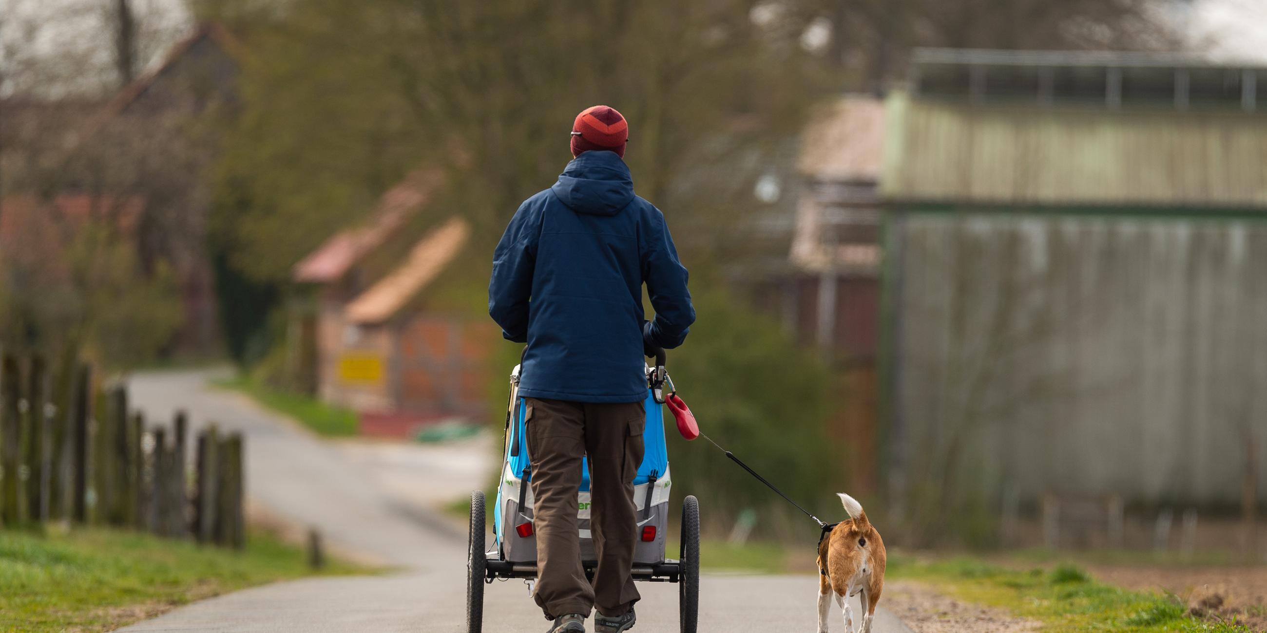 Ein Vater geht mit Hund und Kinderwagen draußen auf einem Weg spazieren.