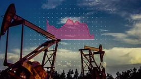Bomba de petróleo, encima de un diagrama lineal de la producción de petróleo en Venezuela.