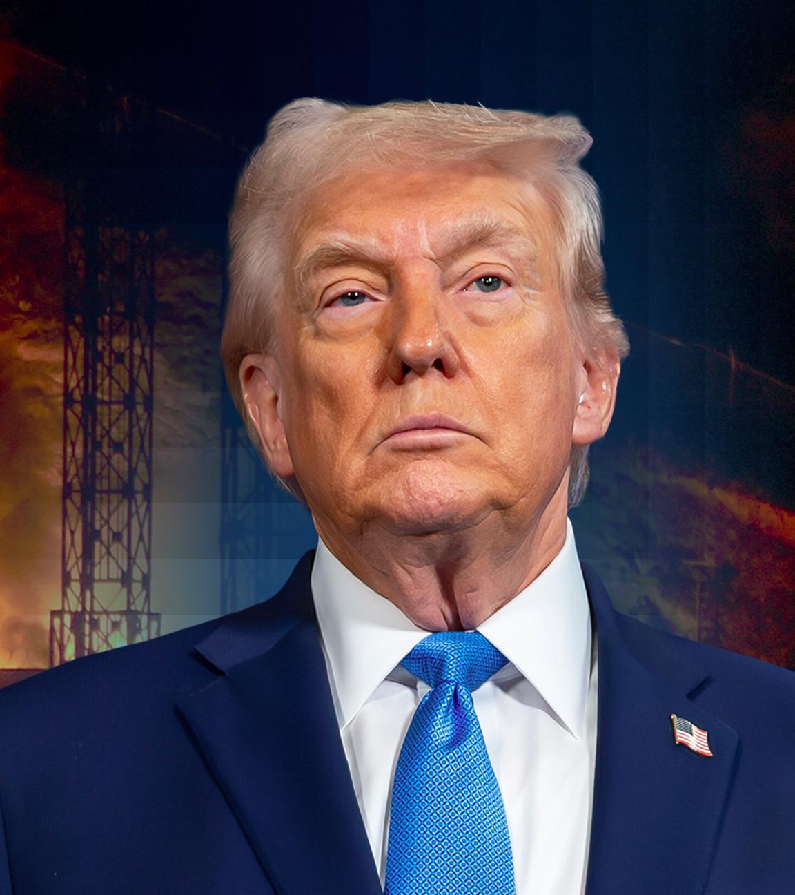 US-Präsident Donald Trump ist im Bild rechts zu sehen, von der Brust aufwärts. Auf der linken Seite ist ein Bild zu sehen, dass einen brennenden Ort in Caracas nach dem Angriff auf Venezuelas Hauptstadt zeigt. 