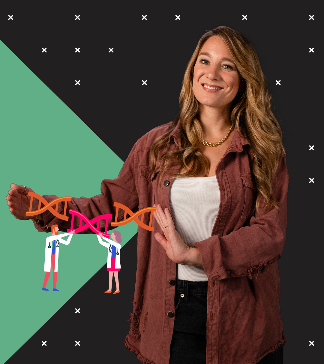 Biologin Jasmina Neudecker hält einen DNA-Strang zwischen ihren Händen, bei dem gerade ein DNA-Snippet von zwei Menschen in weißen Kitteln ausgetauscht wird - wie bei Crispr-Cas.