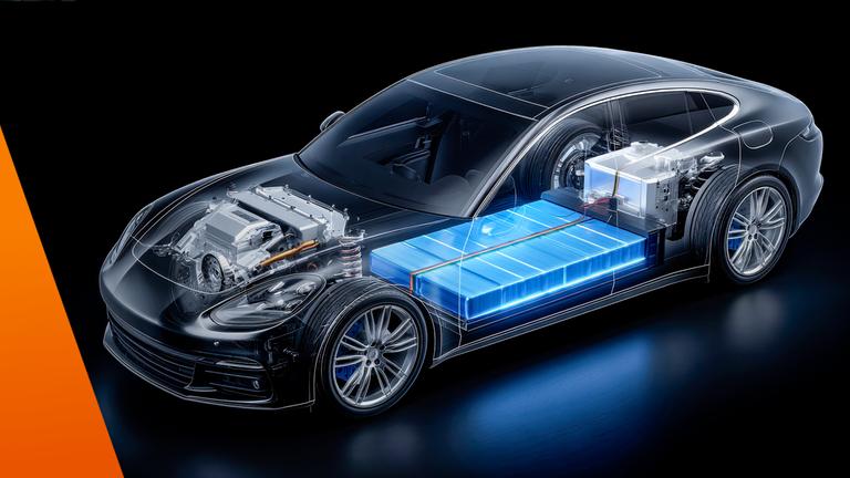 Grafik: Elektroauto mit blauen Batterien