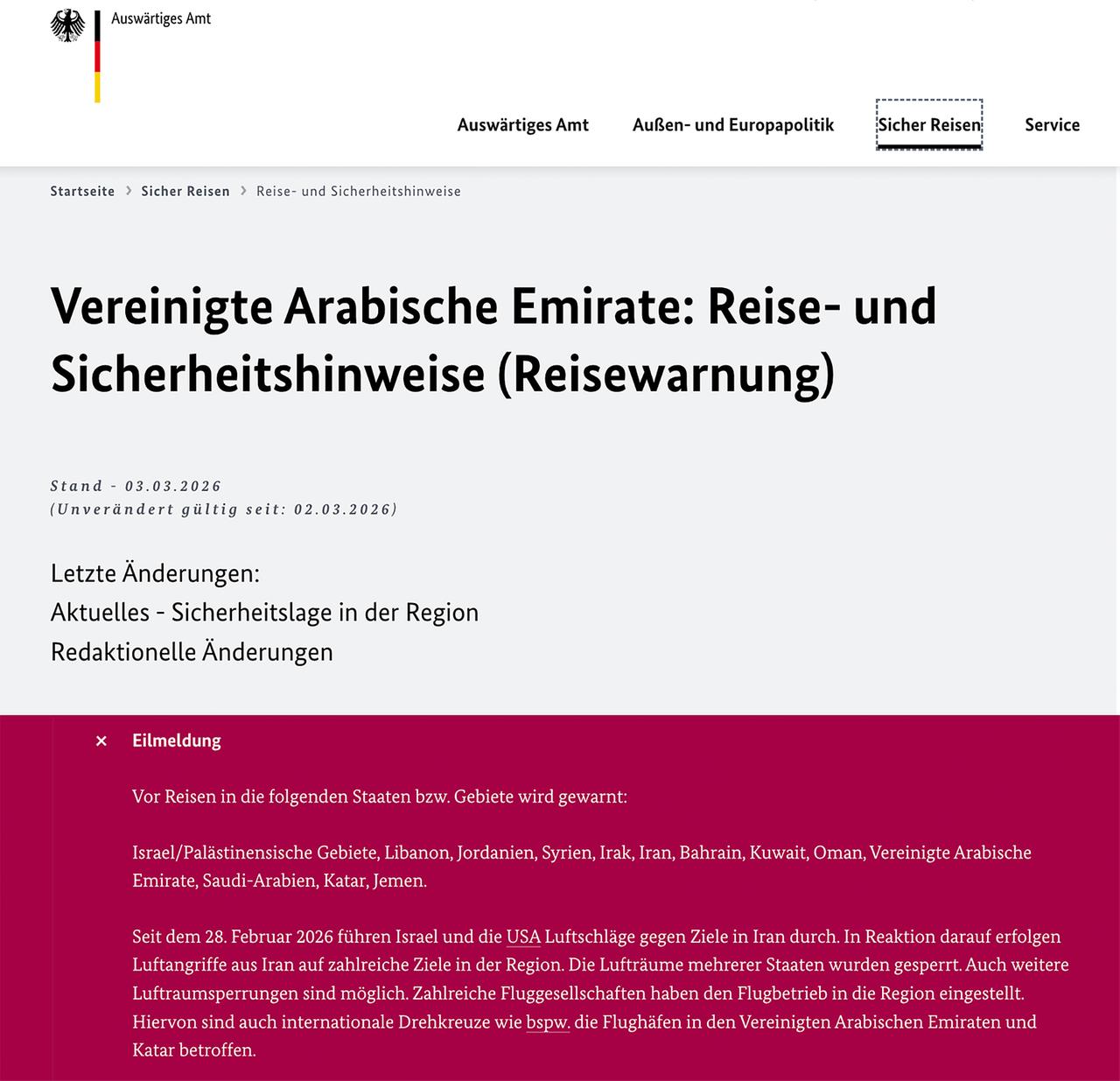 Screenshot: Vereinigte Arabische Emirate: Reise- und Sicherheitshinweise. Stand: 03.03.2026