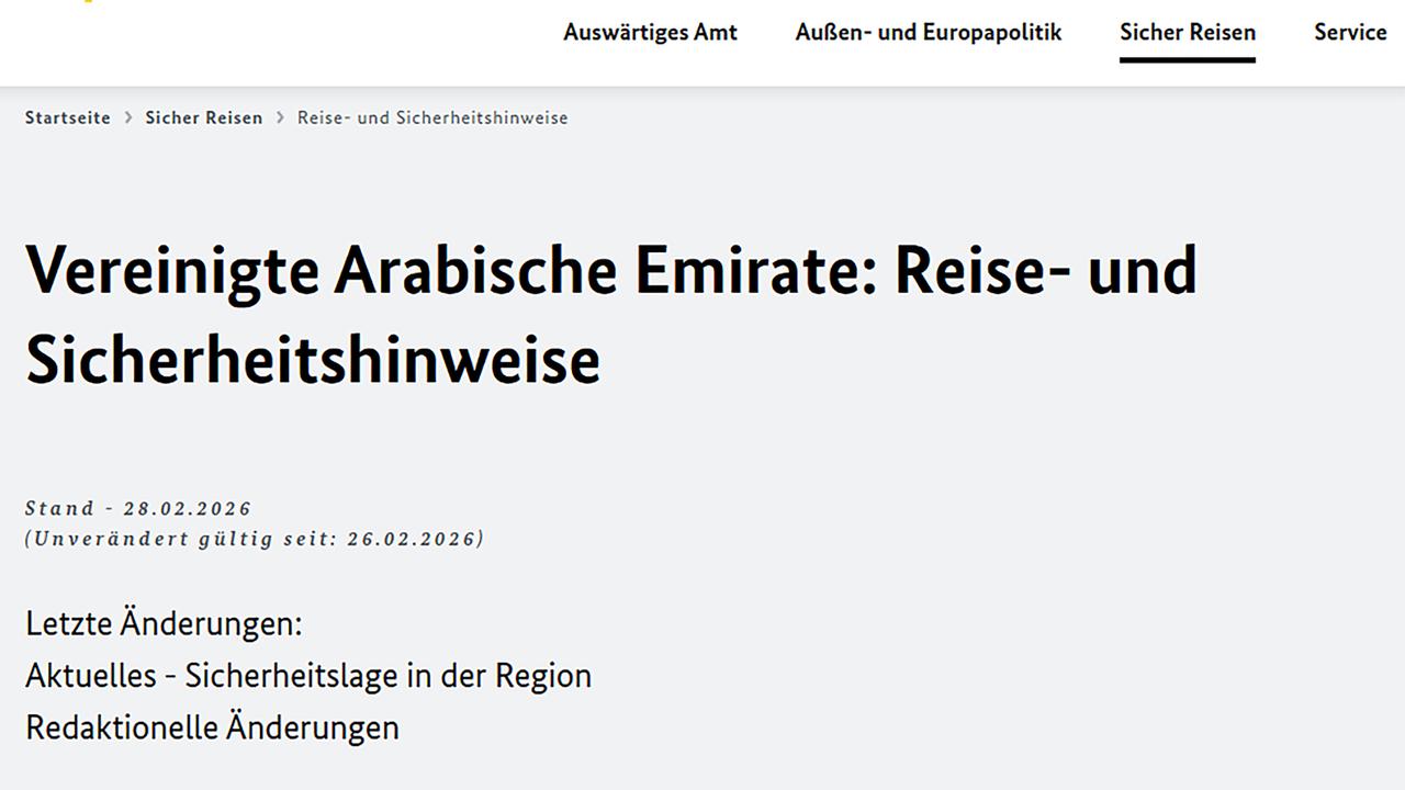 Screenshot: Vereinigte Arabische Emirate: Reise- und Sicherheitshinweise. Stand: 28.02.2026