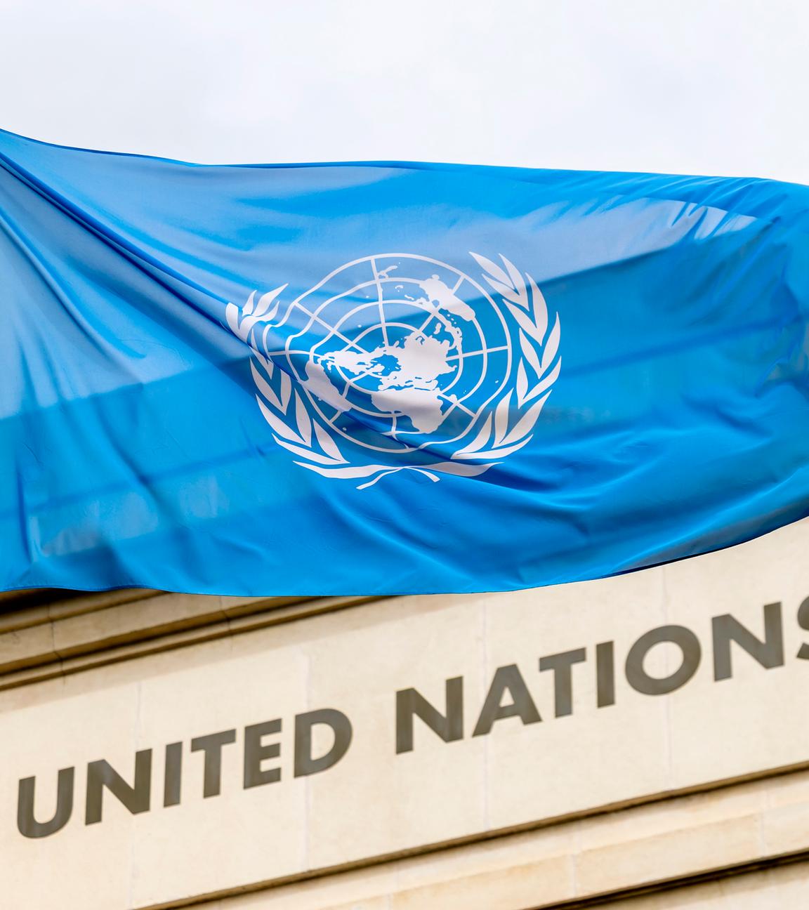 Die Flagge der Vereinten Nationen (UN) weht auf der Allee des Nations am europäischen Hauptsitz der Vereinten Nationen.