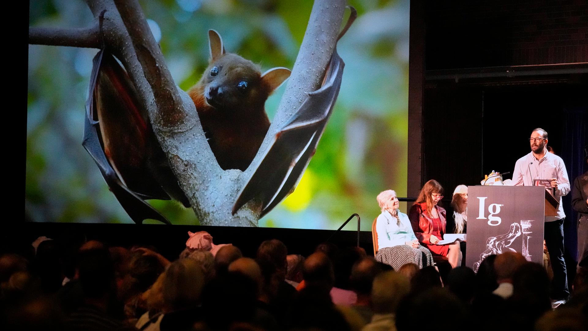 Francisco Sanchez nimmt den "Ig-Nobelpreis" für Luftfahrt entgegen.