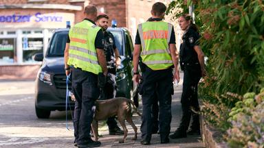 Mehrere Polizeikräfte stehen mit einem Hund neben einem Polizeifahrzeug auf einem Gehweg in einem Wohngebiet.