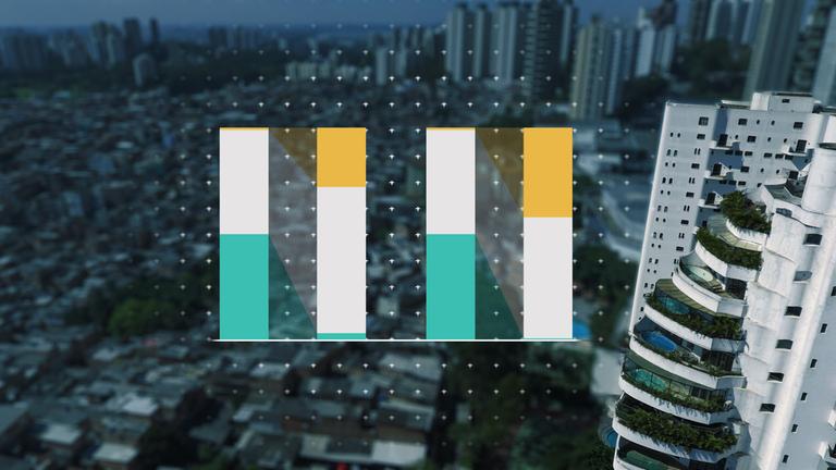 Vier bunte, gestapelte Balkendiagramme, im Hintergrund eine begrünte Stadt aus der Vogelperspektive.