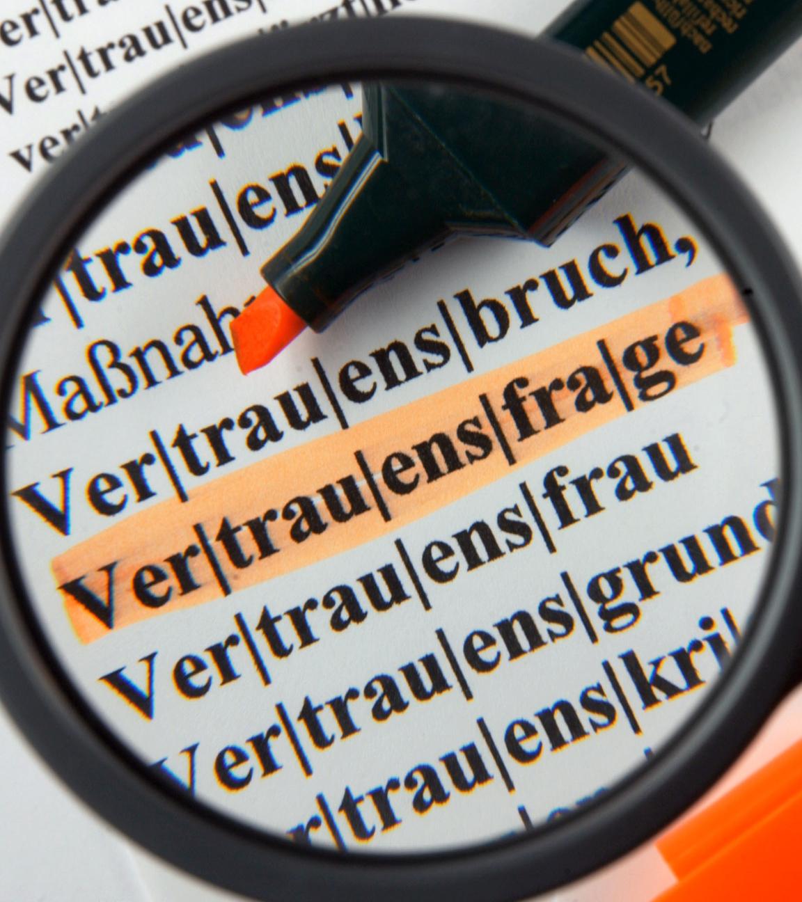 Das Wort "Vertrauensfrage" ist im Wörterbuch bunt hervorgehoben und wird mit einer Lupe untersucht.