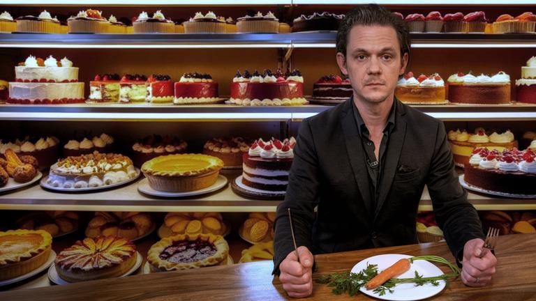 Jo Schück sitzt vor einem Teller mit einer Möhre, im Hintergrund ein Sortiment köstlicher Torten