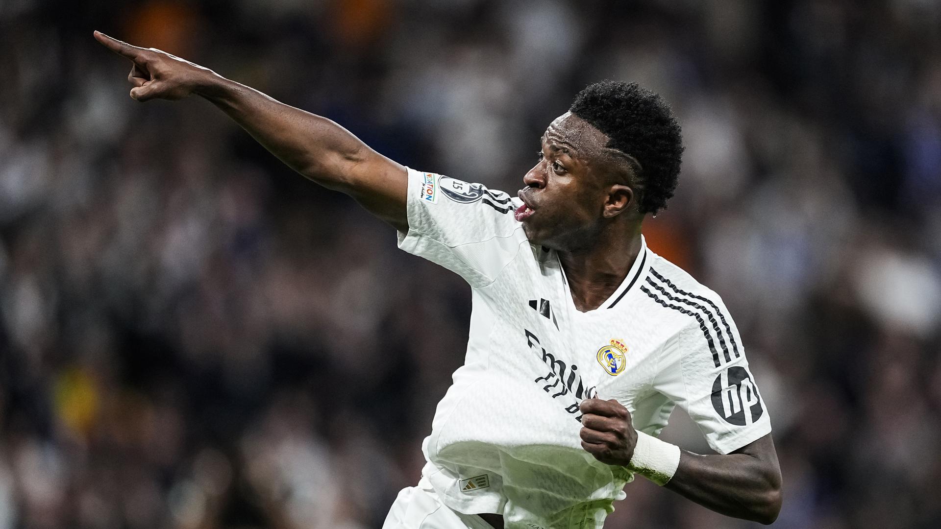 Vinícius Junior von Real Madrid bejubelt sein Tor im Champions-League-Viertelfinale gegen den FC Arsenal.
