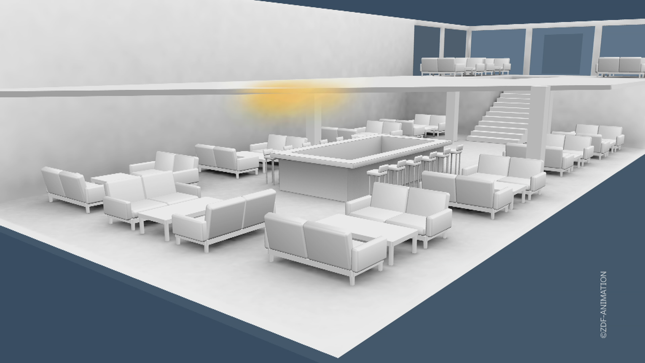 Eine 3D-Visualisierung des Brandstarts nach oben in der Bar "Le Constellatiobn" in Crans-Montana, Schweiz.