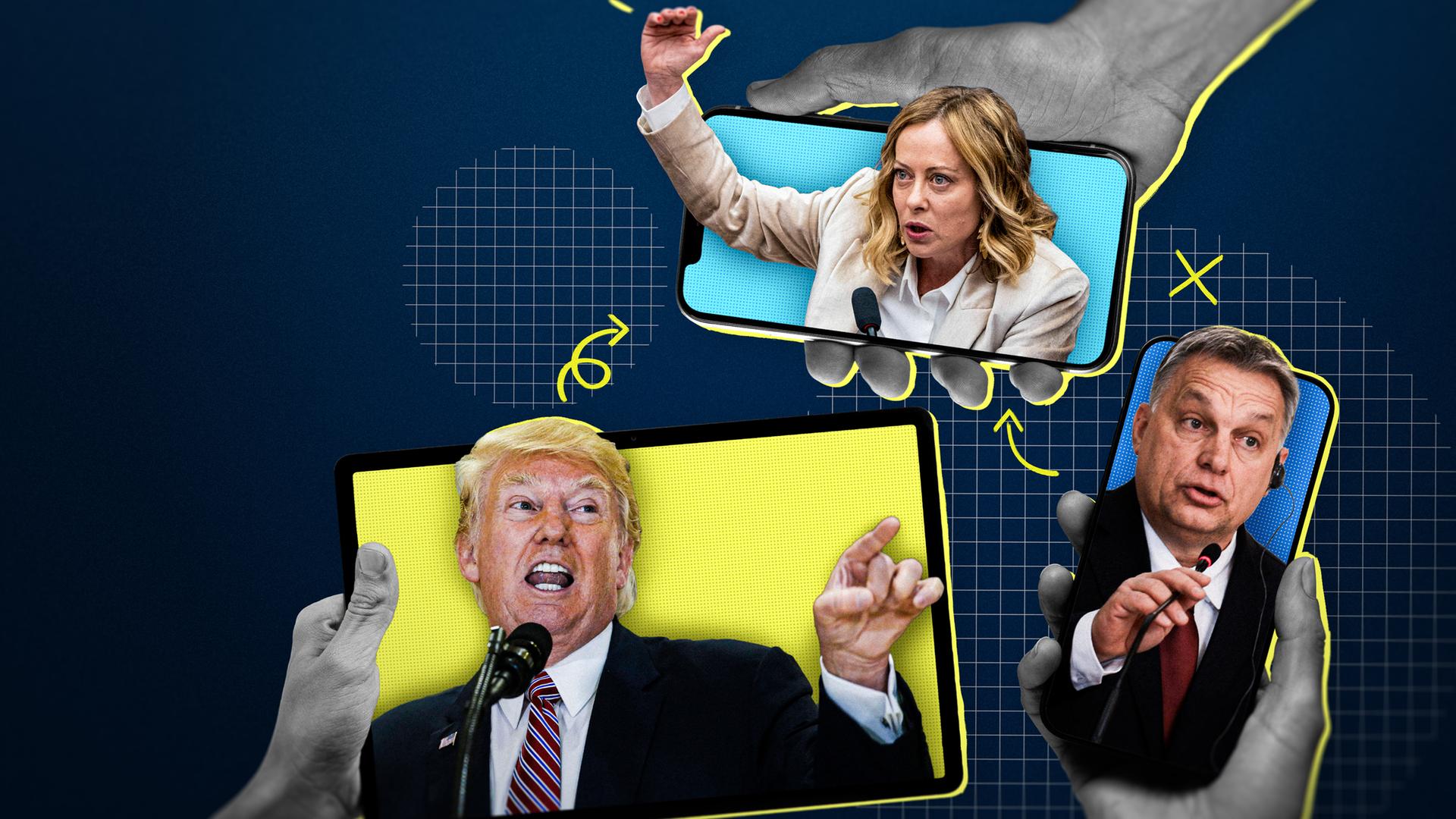Collage: Drei Hände halten smartphones/tablet ins Bild. Auf den screens Gesichter von Giorgia Meloni, Donald Trump und Viktor Orban.