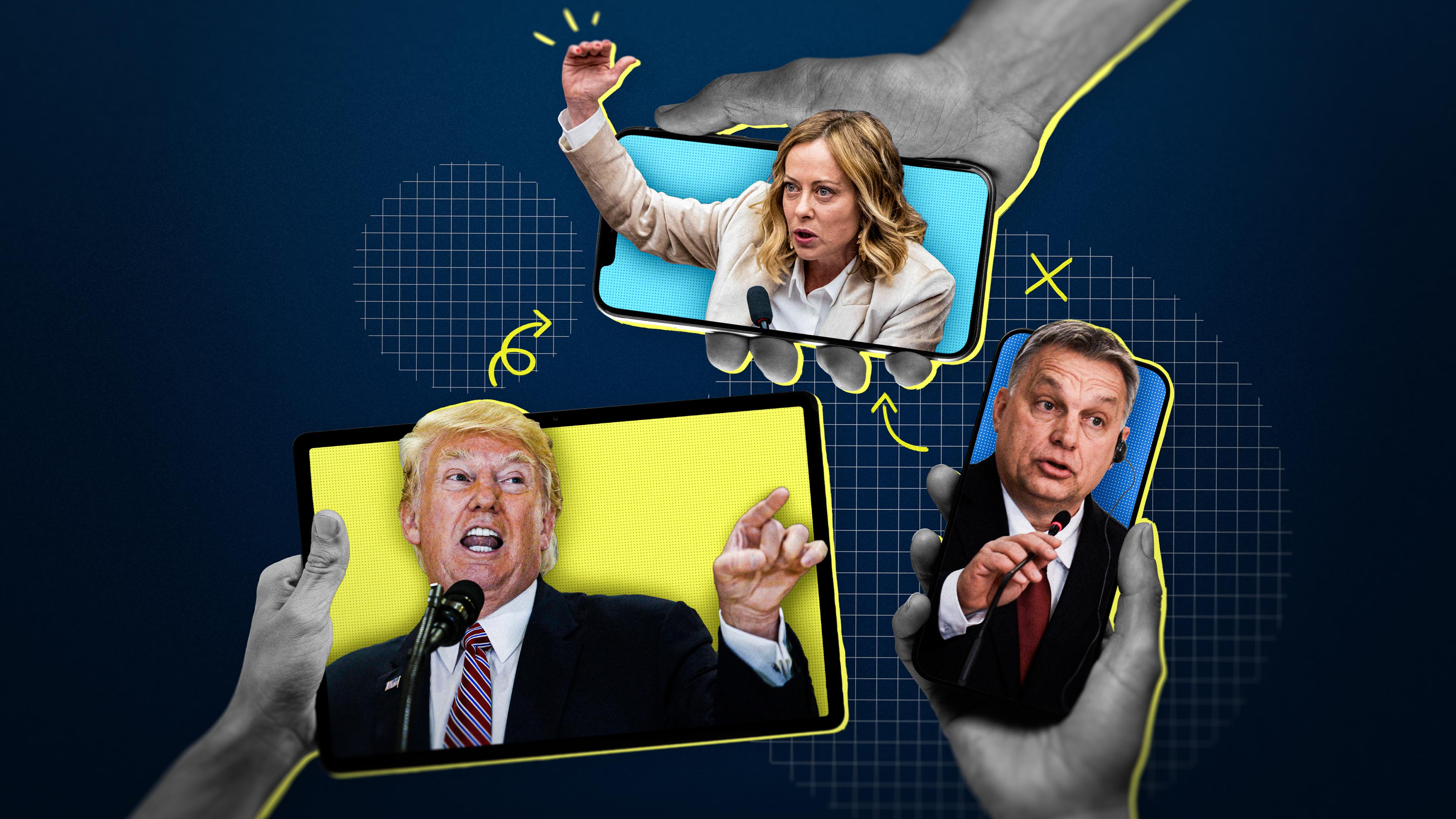 Collage: Drei Hände halten smartphones/tablet ins Bild. Auf den screens Gesichter von Giorgia Meloni, Donald Trump und Viktor Orban.
