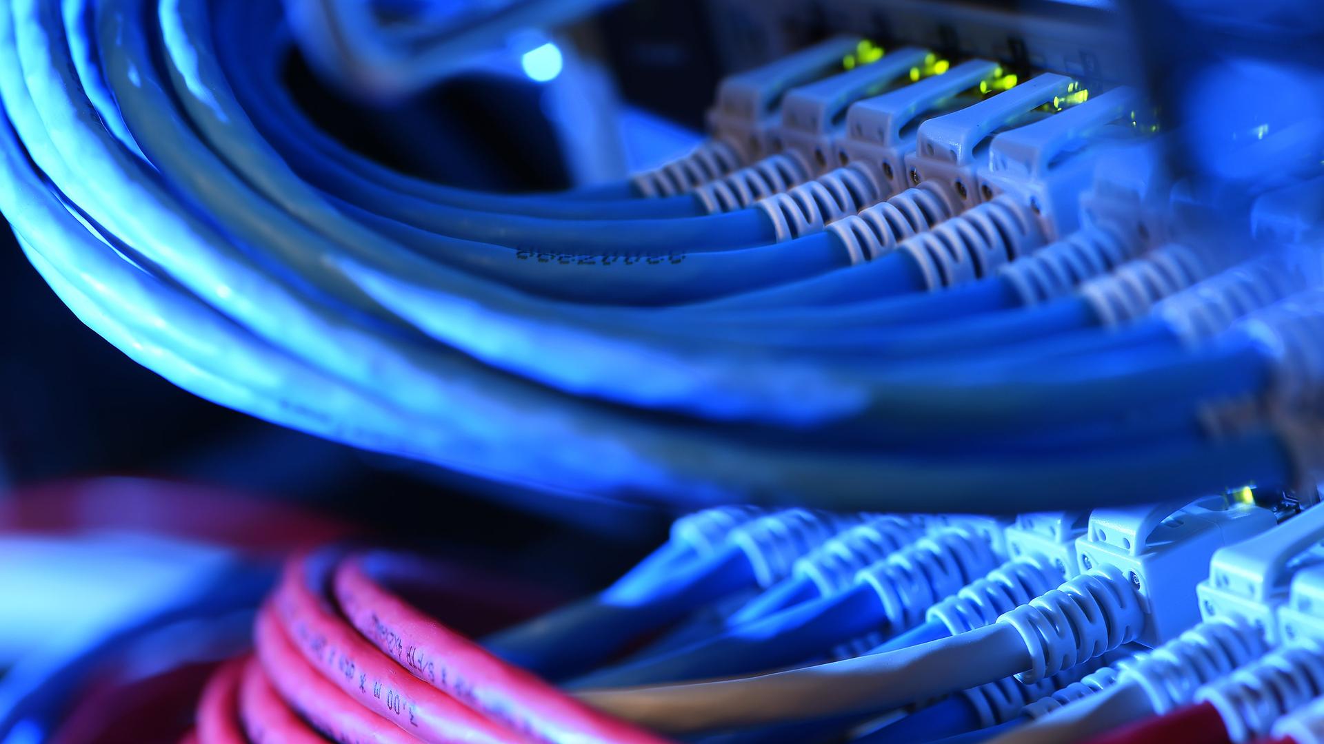 Archiv: Mehrere Netzwerk-Kabelstecker leuchten am 16.10.2014 in der Netzwerkzentrale