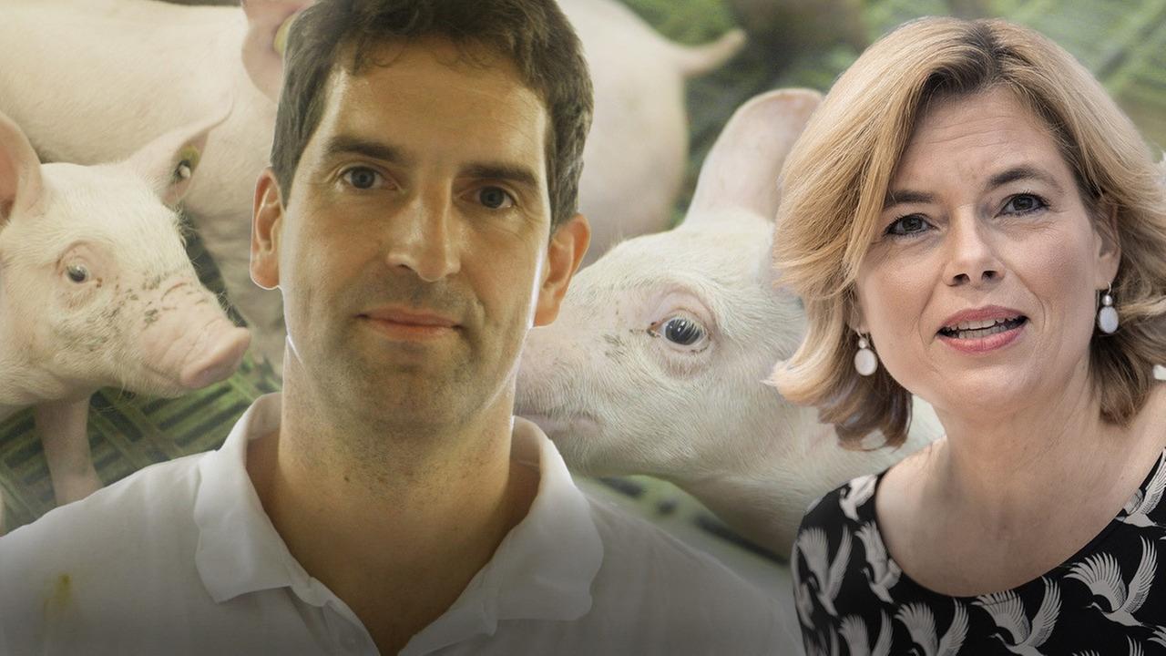 Vordergrund: Dirk Nienhaus, Landwirt und Julia Klöckner, Bundeslandwirtschaftsministerin, Hintergrund: Ferkel