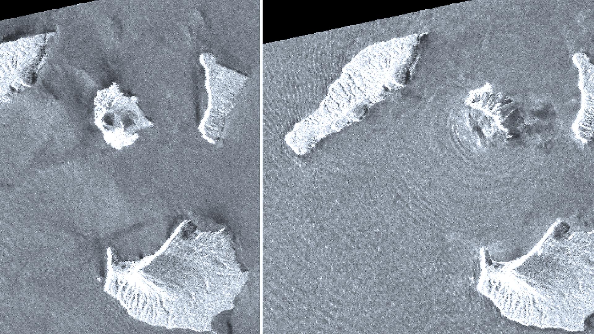 Archiv: Satellitenbilder vom 20.08.2018 (l) und 24.12.2018 zeigen den Vulkan Anak Krakatau