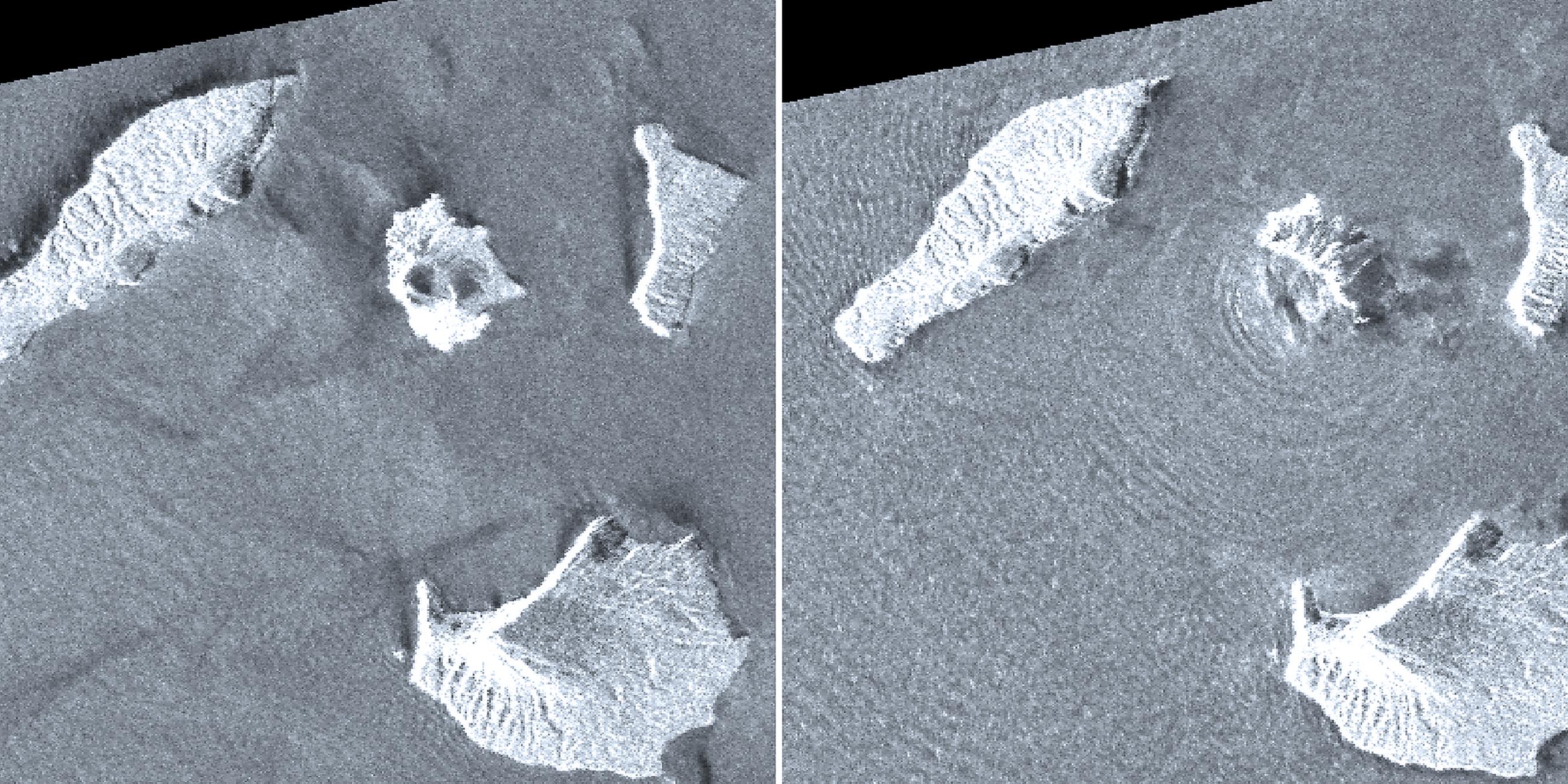 Archiv: Satellitenbilder vom 20.08.2018 (l) und 24.12.2018 zeigen den Vulkan Anak Krakatau