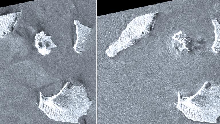 Archiv: Satellitenbilder vom 20.08.2018 (l) und 24.12.2018 zeigen den Vulkan Anak Krakatau