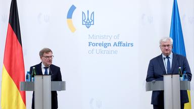 Foreign Minister of Ukraine Andrii Sybiha (R) and Federal Minister for Foreign Affairs of Germany Johann Wadephul hold a joint news conference following their negotiations, Kyiv, Ukraine, August 22, 2026. The talks focused on strengthening defence support for Ukraine, protecting critical infrastructure, preparing for winter, and diplomatic steps to end the war. The German Foreign Ministers visit took place on the eve of the 35th anniversary of Ukraines independence, amid another wave of massive Russian attacks on civilian targets.