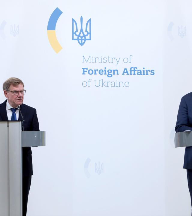 Foreign Minister of Ukraine Andrii Sybiha (R) and Federal Minister for Foreign Affairs of Germany Johann Wadephul hold a joint news conference following their negotiations, Kyiv, Ukraine, August 22, 2026. The talks focused on strengthening defence support for Ukraine, protecting critical infrastructure, preparing for winter, and diplomatic steps to end the war. The German Foreign Ministers visit took place on the eve of the 35th anniversary of Ukraines independence, amid another wave of massive Russian attacks on civilian targets.