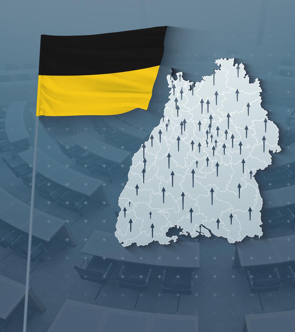 Das Plenum des Landtags in Baden-Württemberg, davor eine Wahlkreiskarte mit Gewinnen und Verlusten.