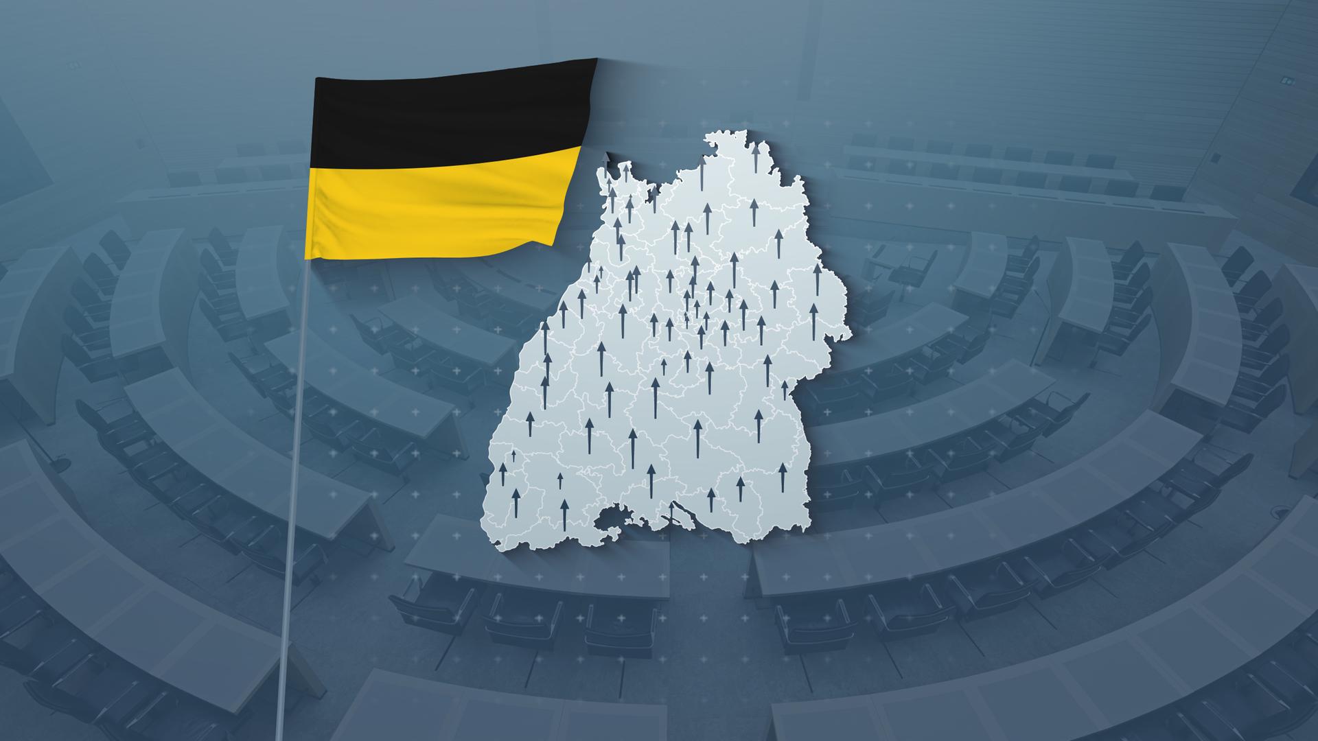 Das Plenum des Landtags in Baden-Württemberg, davor eine Wahlkreiskarte mit Gewinnen und Verlusten.