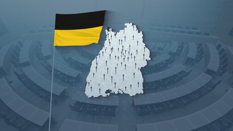 Das Plenum des Landtags in Baden-Württemberg, davor eine Wahlkreiskarte mit Gewinnen und Verlusten.