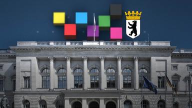 Über dem Abgeordnetenhaus in Berlin sind das Berliner Wappen und die Farben der Parteien zu sehen
