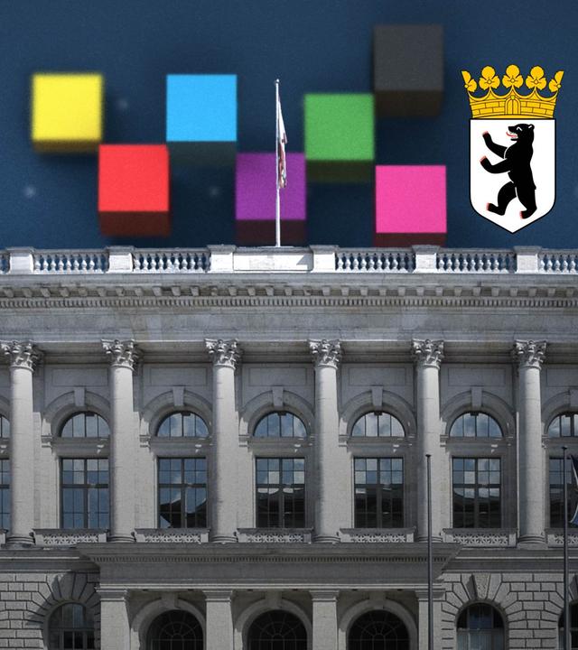 Über dem Abgeordnetenhaus in Berlin sind das Berliner Wappen und die Farben der Parteien zu sehen
