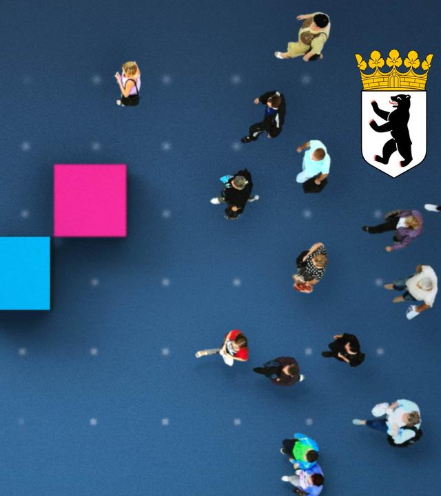 Über einer Gruppe Menschen sind das Berliner Wappen und die Farben der AfD und der Linken verteilt.