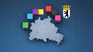 Um eine Karte von Berlin mit den Wahlkreisen sind das Berliner Wappen und die Farben der der Parteien der Berlin Wahl 2026 verteilt.