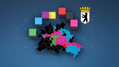 Um eine Karte von Berlin mit den Wahlkreisen sind das Berliner Wappen und die Farben der der Parteien der Berlin Wahl 2026 verteilt.