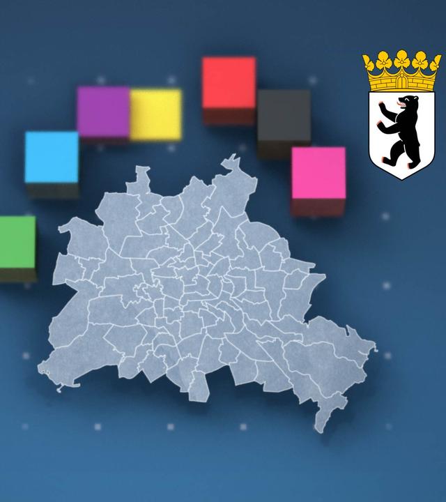 Um eine Karte von Berlin mit den Wahlkreisen sind das Berliner Wappen und die Farben der der Parteien der Berlin Wahl 2026 verteilt.