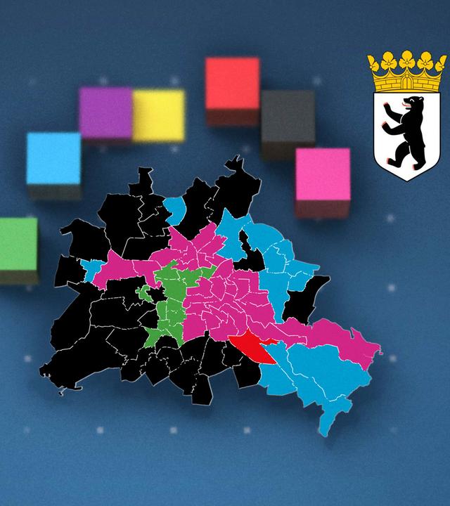 Um eine Karte von Berlin mit den Wahlkreisen sind das Berliner Wappen und die Farben der der Parteien der Berlin Wahl 2026 verteilt.
