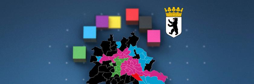 Um eine Karte von Berlin mit den Wahlkreisen sind das Berliner Wappen und die Farben der der Parteien der Berlin Wahl 2026 verteilt.