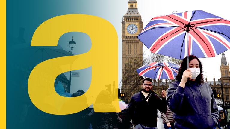 Leute mit Scirmen mit Flassge von GB und im Hintergrund der Big Ben