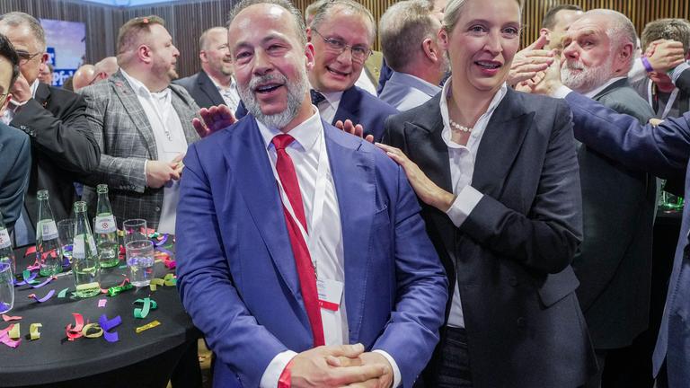 Jan Bollinger (AfD), Spitzenkandidat seiner Partei, und Alice Weidel (AfD).