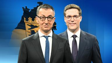Links Cem Özdemir (Die Grünen), rechts Manuel Hagel (CDU) Im Hintergrund weht die Flagge von Baden-Württemberg