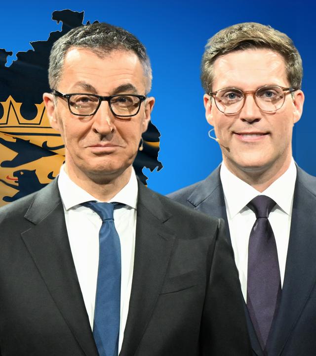 Links Cem Özdemir (Die Grünen), rechts Manuel Hagel (CDU) Im Hintergrund weht die Flagge von Baden-Württemberg