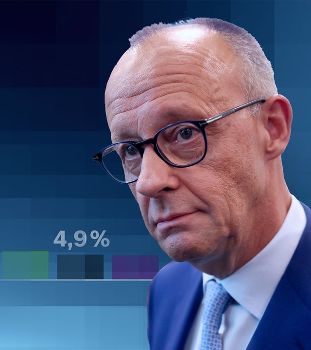 Ein Bild von Merz in einer Nahaufnahme. Er trägt einen blauen Anzug und weißes Hemd. Im Hintergrund sieht man die Grafik der Wahlergebnisse von Mecklenburg-Vorpommern. Nur über dem schwarzen Balken für die CDU sieht man die Prozentzahl: 4,9 Prozent.