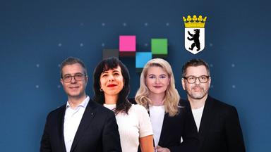 Berliner Spitzenkandidaten Stefan Evers (CDU), Elif Eralp (Linke), Werner Graf (Grüne) und Kristin Brinker (AfD) mit Würfeln in den Parteifarben und dem Wappen von Berlin.