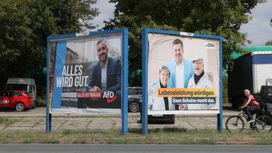 Wahlplakate von AfD-Spitzenkandidat Ulrich Siegmund (AfD) und CDU-Ministerpräsident Sven Schulze an einer Straße in Sachsen-Anhalt. (Archivbild) 