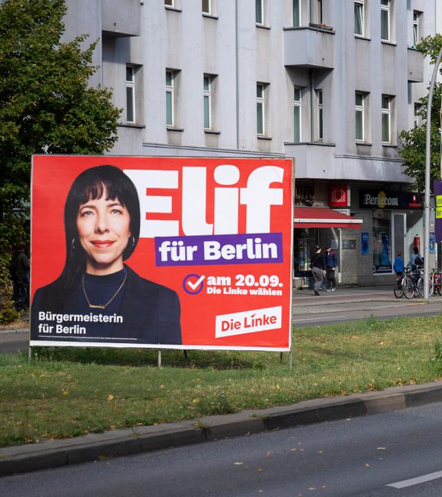 Wahlplakate in Berlin von Die Linke mit Elif Eralp und der CDU mit Stefan Evers
