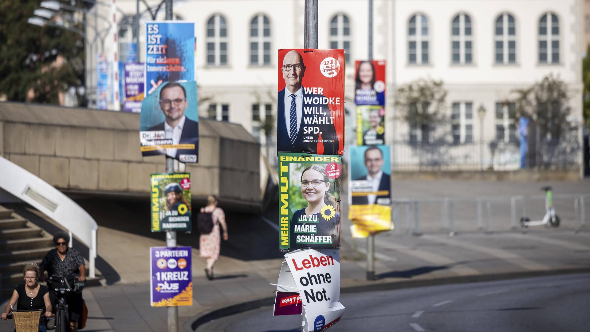 Wahlplakate der SPD, der Grünen und der AfD hängen in Potsdam