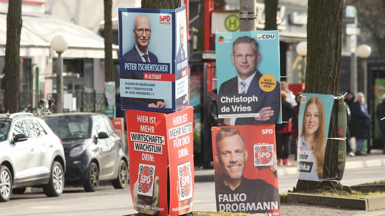 Wahlplakate von verschiedenen Parteien wurden an Bäume auf einer Verkehrsinsel in der Kirchenallee befestigt