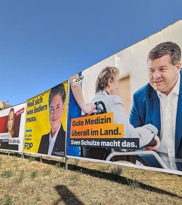 Wahlplakate zur Landtagswahl von Claudia Wittig (BSW), Thomas Schulze (BSW), Susan Sziborra-Seidlitz (Grüne), Armin Willingmann (SPD), Eva von Angern (Linke), Lydia Hüskens (FDP) und Sven Schulze (CDU)