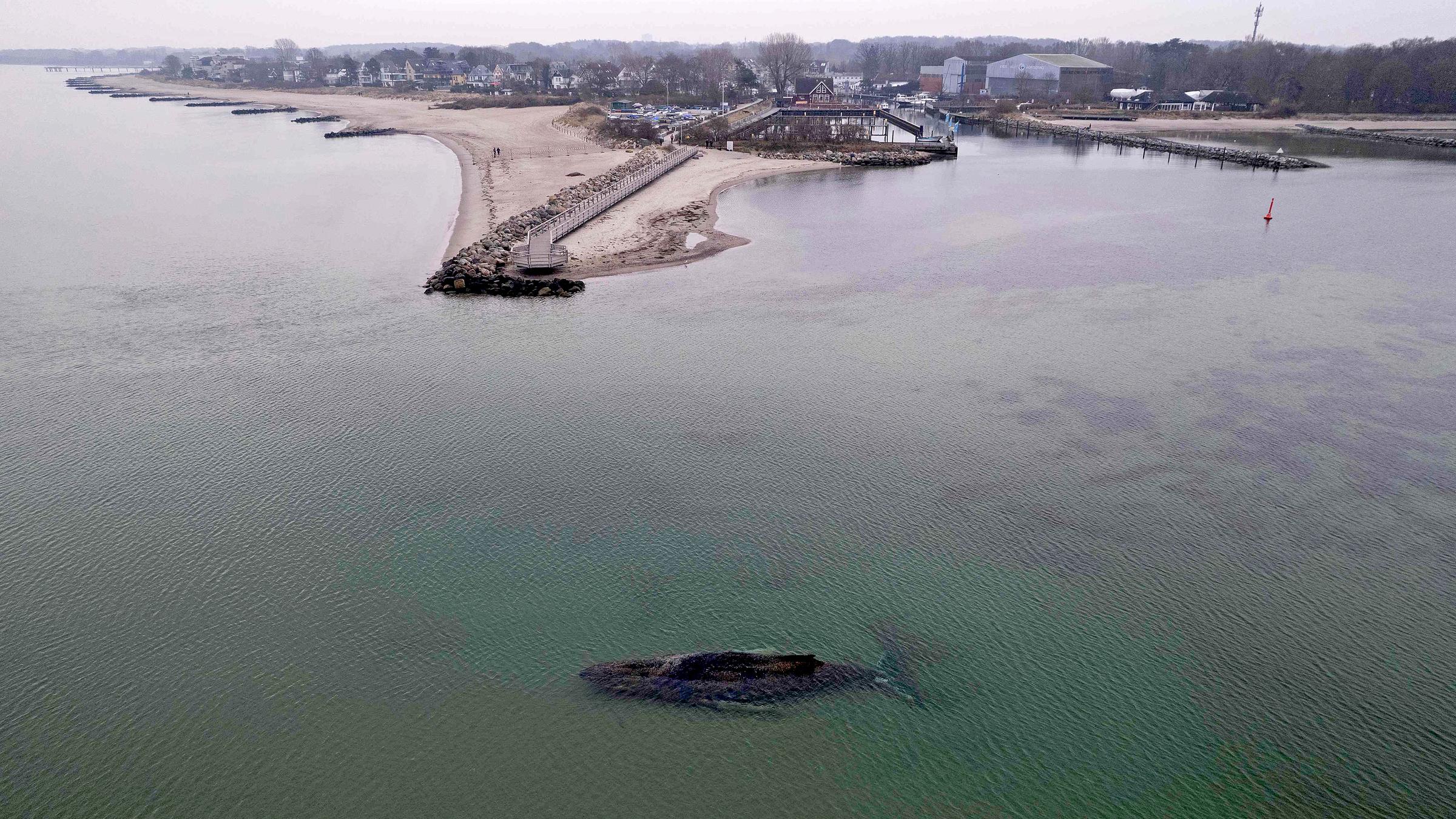 Der gestrandete Wal liegt im Wasser der Ostsee vor der Seebrücke am Hafen Niendorf, aufgenommen am 24.03.2026