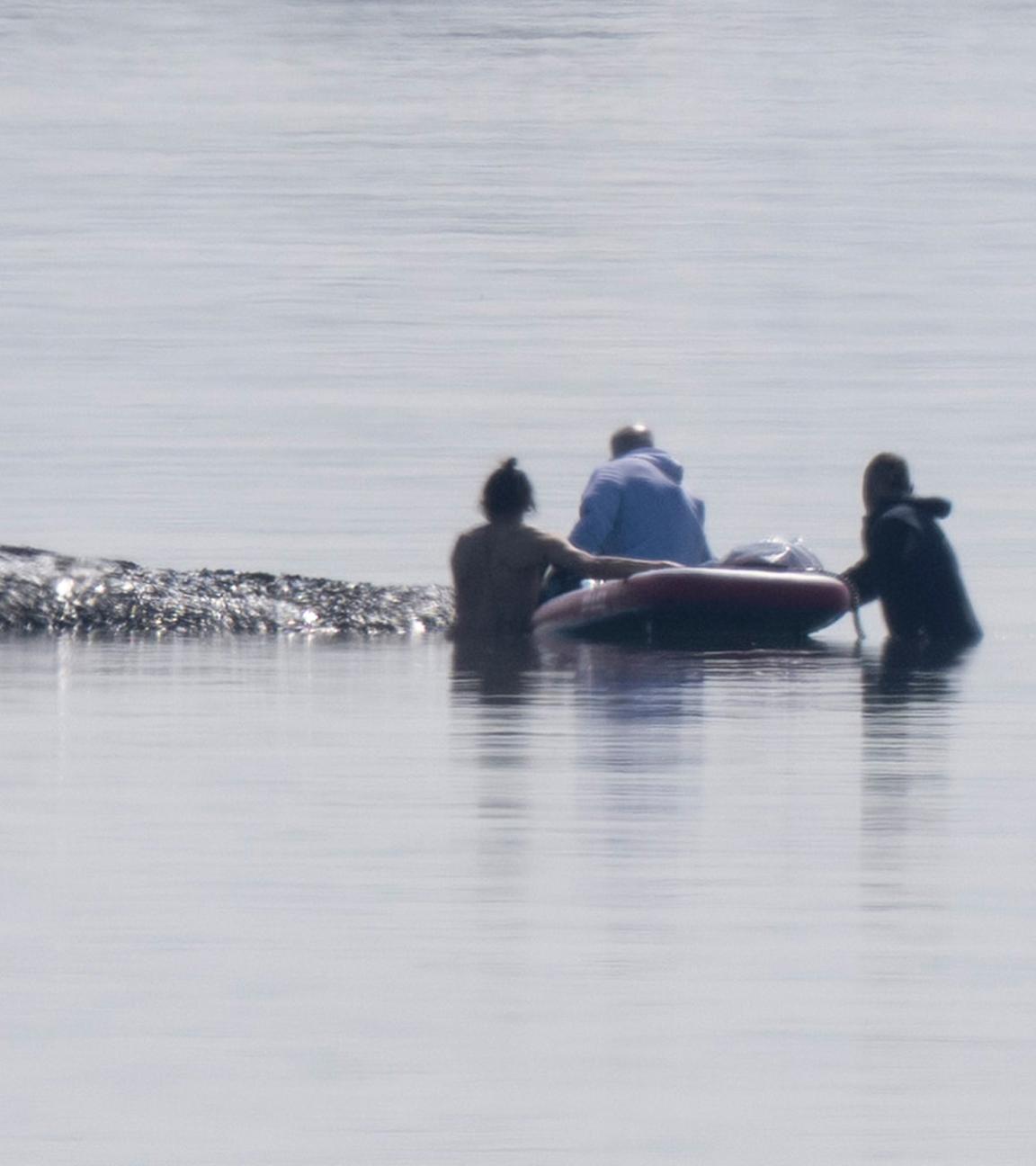 Helfer nähern sich dem Wal vor Poel.
