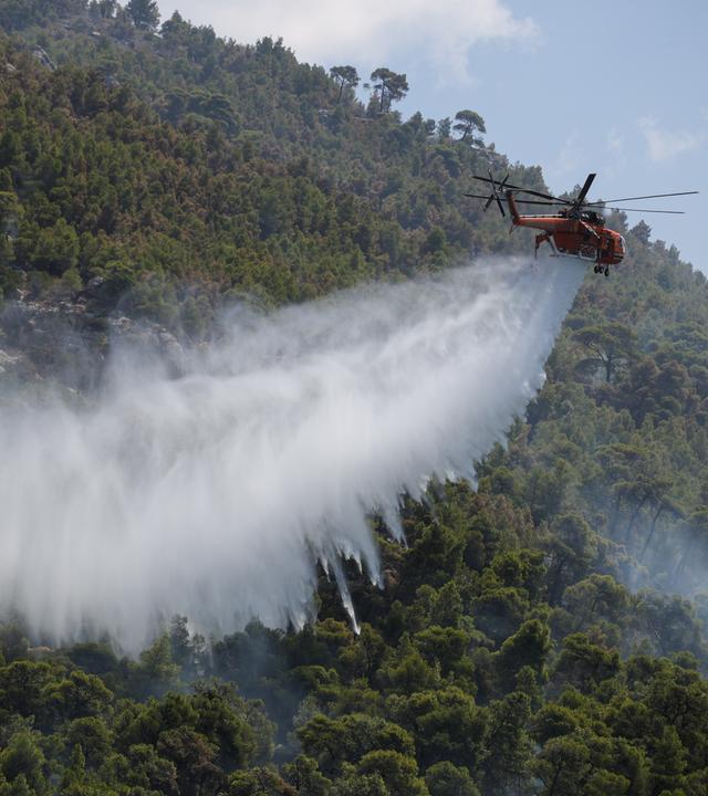 Ein Löschhubschrauber wirft Wasser über einem Wald nahe dem Dorf Loumpa ab.