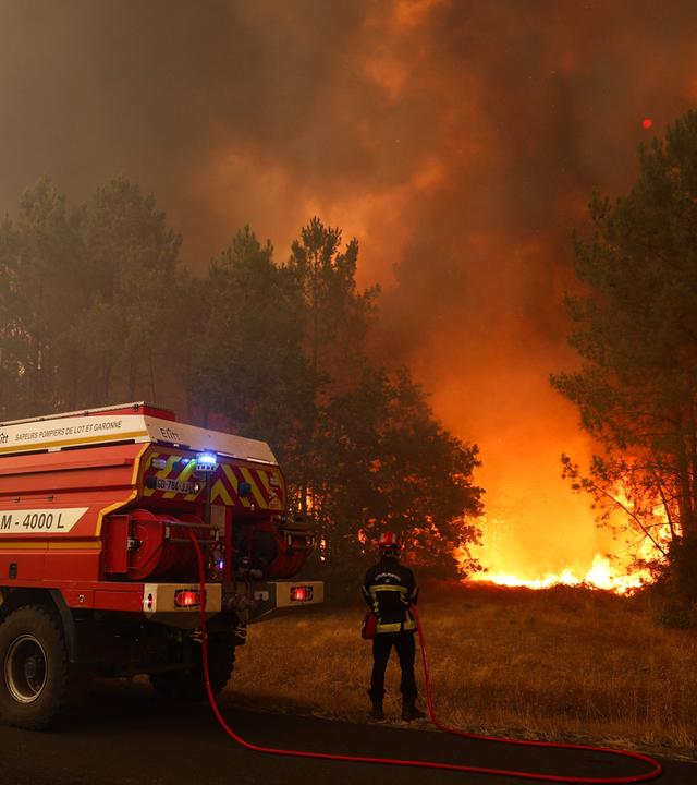 Feuerwehrleute versuchen in der Nähe von Le Porge im Südwesten Frankreichs mit einem Waldbrandlöschfahrzeug, die brennenden Bäume zu löschen.